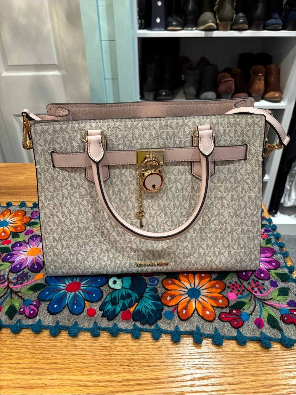 Michael Kors Pink and Vanilla Signature Tote with Gold Hardware